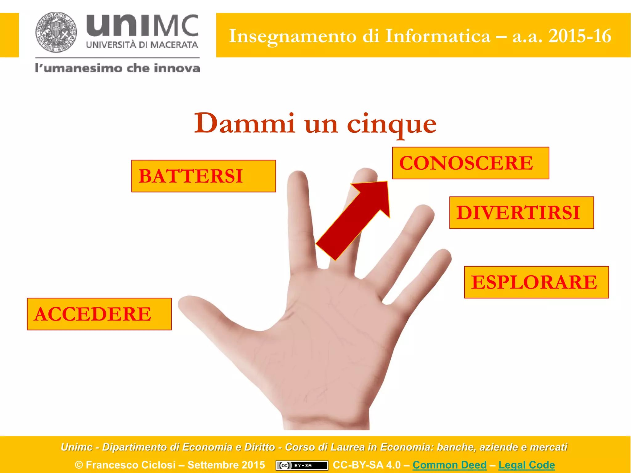 Unimc - Dipartimento di Economia e Diritto - Corso di Laurea in Economia: banche, aziende e mercati
© Francesco Ciclosi – Settembre 2015 CC-BY-SA 4.0 – Common Deed – Legal Code
Insegnamento di Informatica – a.a. 2015-16
Dammi un cinque
ACCEDERE
BATTERSI
CONOSCERE
DIVERTIRSI
ESPLORARE
 
