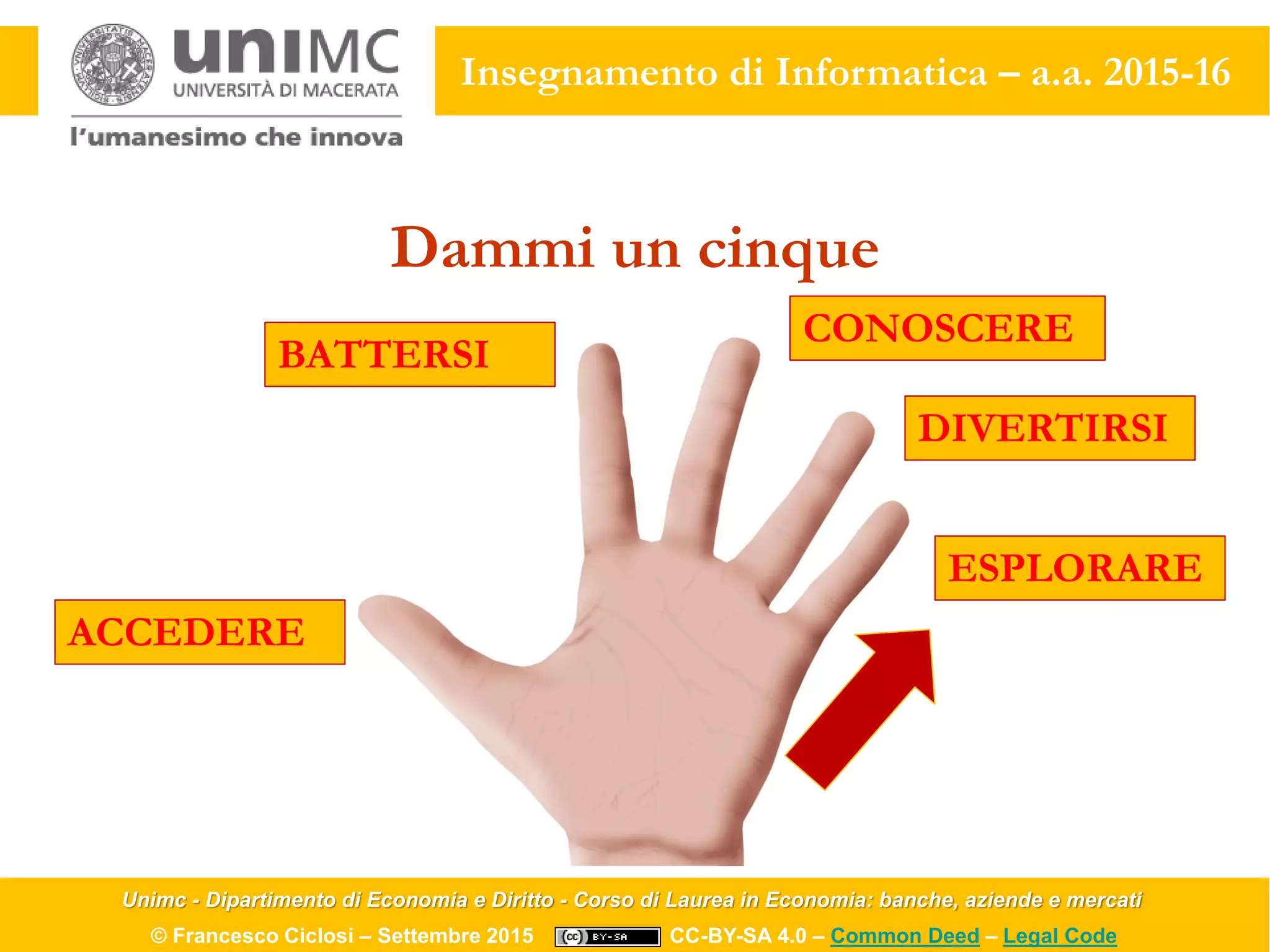 Unimc - Dipartimento di Economia e Diritto - Corso di Laurea in Economia: banche, aziende e mercati
© Francesco Ciclosi – Settembre 2015 CC-BY-SA 4.0 – Common Deed – Legal Code
Insegnamento di Informatica – a.a. 2015-16
Dammi un cinque
ACCEDERE
BATTERSI
CONOSCERE
DIVERTIRSI
ESPLORARE
 