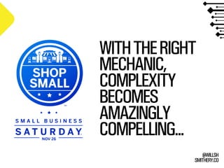 SMITHERY.CO
@WILLSH
WITHTHERIGHT
MECHANIC,
COMPLEXITY
BECOMES
AMAZINGLY
COMPELLING...
 