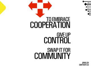 SMITHERY.CO
@WILLSH
COOPERATION
GIVEUP
CONTROL
TOEMBRACE
SWAPITFOR
COMMUNITY
 