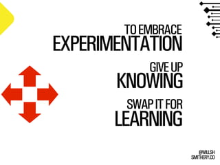 SMITHERY.CO
@WILLSH
GIVEUP
KNOWING
TOEMBRACE
EXPERIMENTATION
SWAPITFOR
LEARNING
 