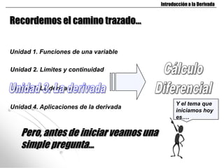 Introducción a la Derivada


Recordemos el camino trazado…

Unidad 1. Funciones de una variable

Unidad 2. Limites y continuidad

Unidad 3. La derivada

                                               Y el tema
                                               También que
                                               Ya analizamos
Unidad 4. Aplicaciones de la derivada
                                               funciones…
                                               iniciamos
                                               limites de hoy
                                               es….
                                               funciones…


   Pero, antes de iniciar veamos una
   simple pregunta…
 