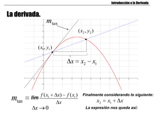 Introducción a la Derivada


La derivada.
                    mtan
                                            ( x2 , y2 )


              ( x1 , y1 )

                                   x         x2       x1




                f ( x1      x)   f ( x1 )      Finalmente considerando lo siguiente:
 mtan   lim
                             x                            x2   x1     x
          x        0                             La expresión nos queda así:
 