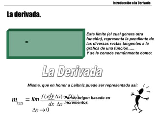 Introducción a la Derivada


La derivada.

                                        Este límite (el cual genera otra
                                        función), representa la pendiente de
        =                               las diversas rectas tangentes a la
                                        gráfica de una función…..
                                        Y se le conoce comúnmente como:




        Misma, que en honor a Leibniz puede ser representada así:

                     dy x)
                f ( x1       Por(su )
                               f x1 origen basado en
 mtan       lim
                     dx x    incrementos
             x    0
 