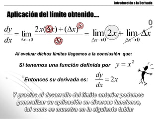 Introducción a la Derivada


Aplicación del límite obtenido….
                                   2
dy           2 x( x) ( x)
        lim                              lim 2 x lim x
dx       x 0        x                     x     0             x       0

     Al evaluar dichos límites llegamos a la conclusión que:
                                                                  2
      Si tenemos una función definida por             y       x
                                           dy
         Entonces su derivada es:                   2x
                                           dx
 