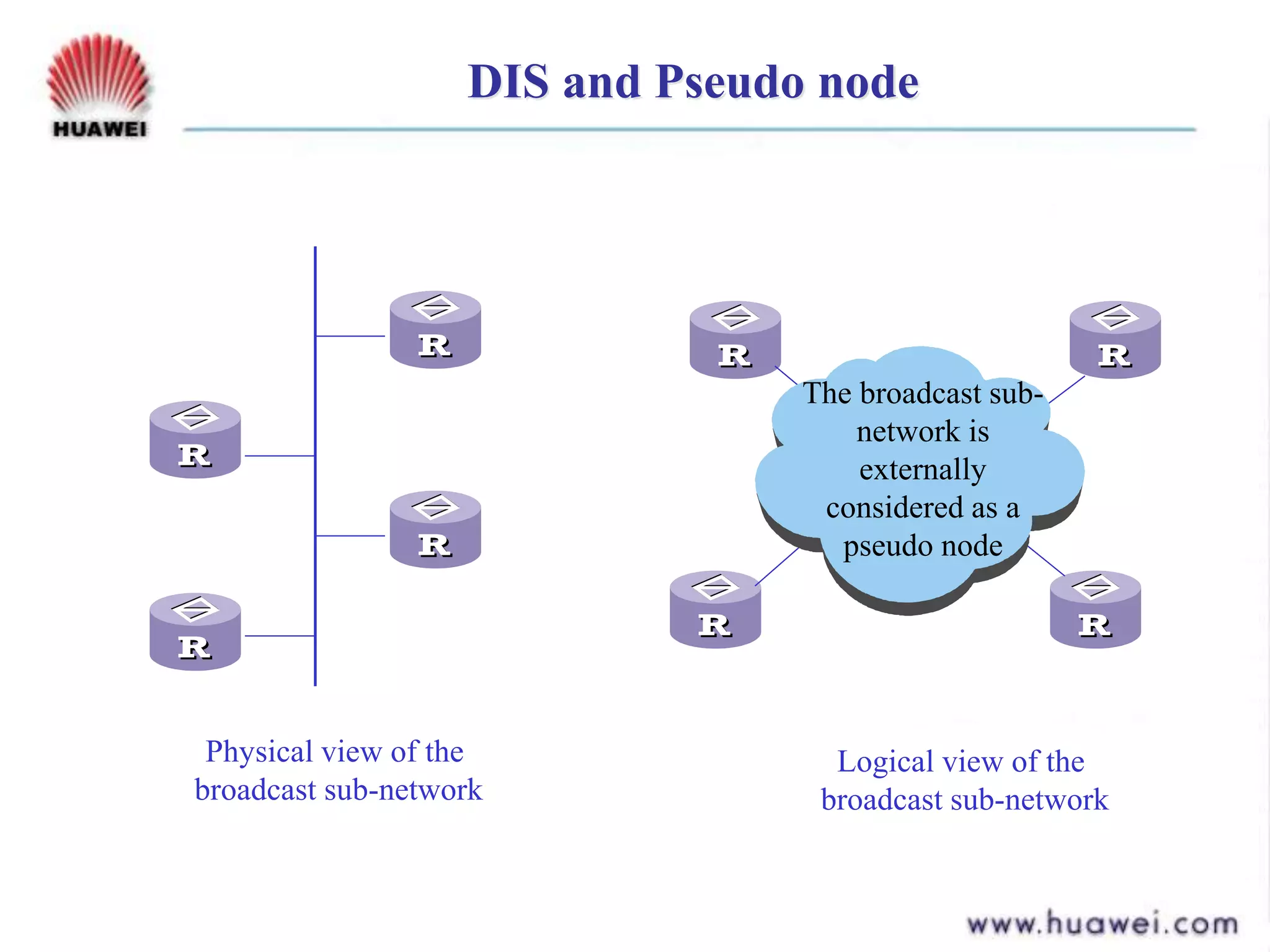 DIS and Pseudo node
Physical view of the
broadcast sub-network
Logical view of the
broadcast sub-network
The broadcast sub-
network is
externally
considered as a
pseudo node
 