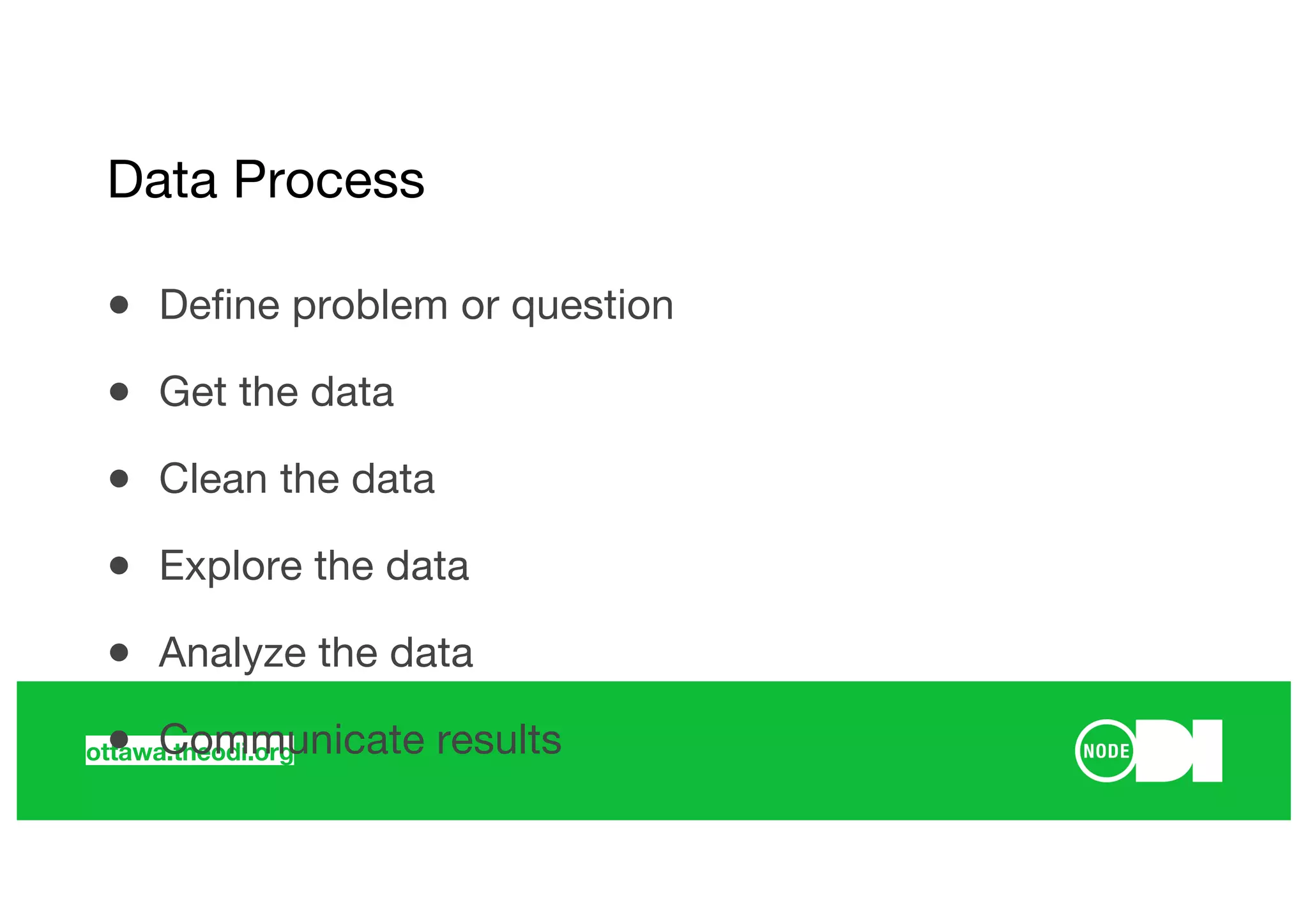 ottawa.theodi.org
● Define problem or question
● Get the data
● Clean the data
● Explore the data
● Analyze the data
● Communicate results
Data Process
 