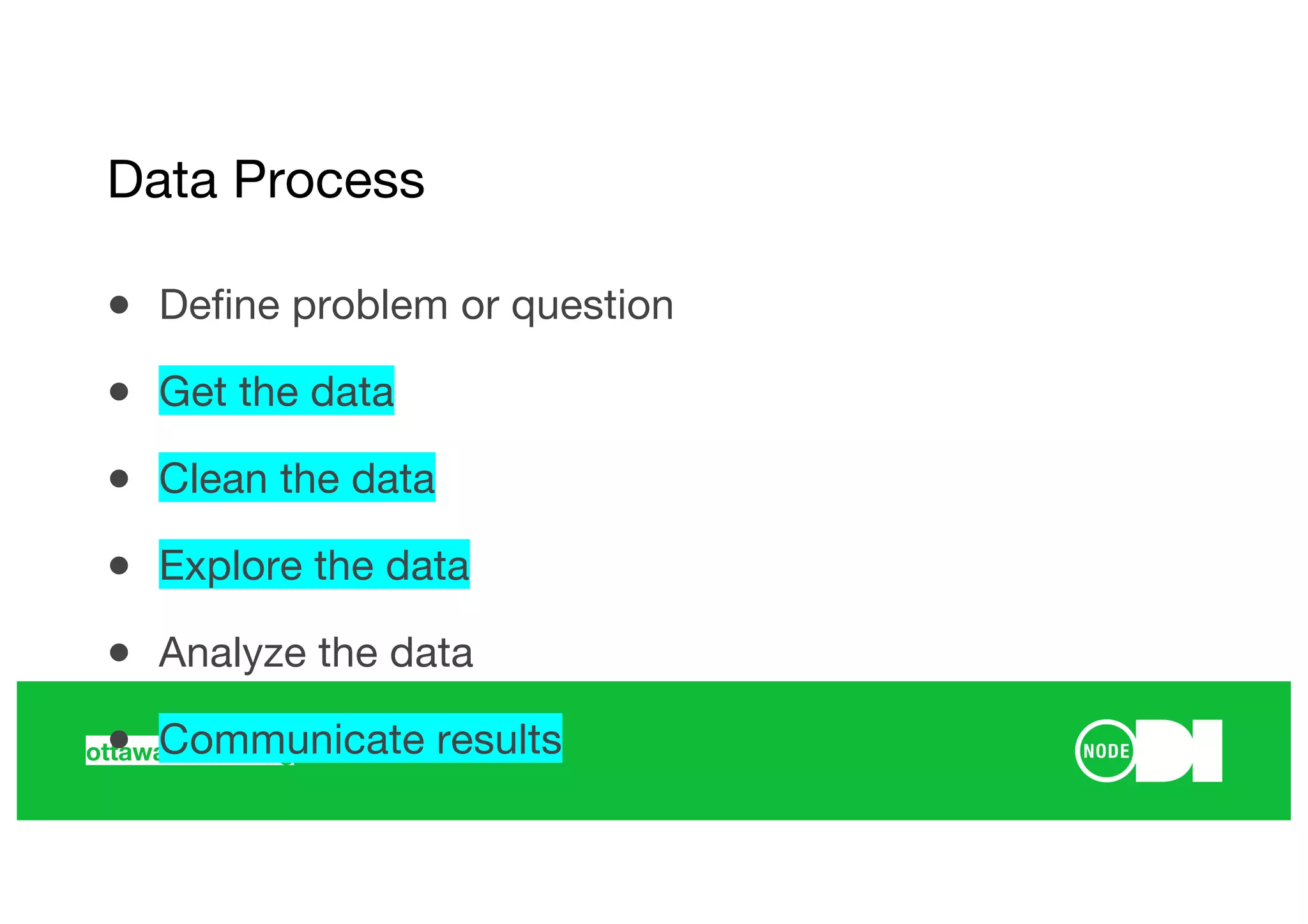 ottawa.theodi.org
● Define problem or question
● Get the data
● Clean the data
● Explore the data
● Analyze the data
● Communicate results
Data Process
 