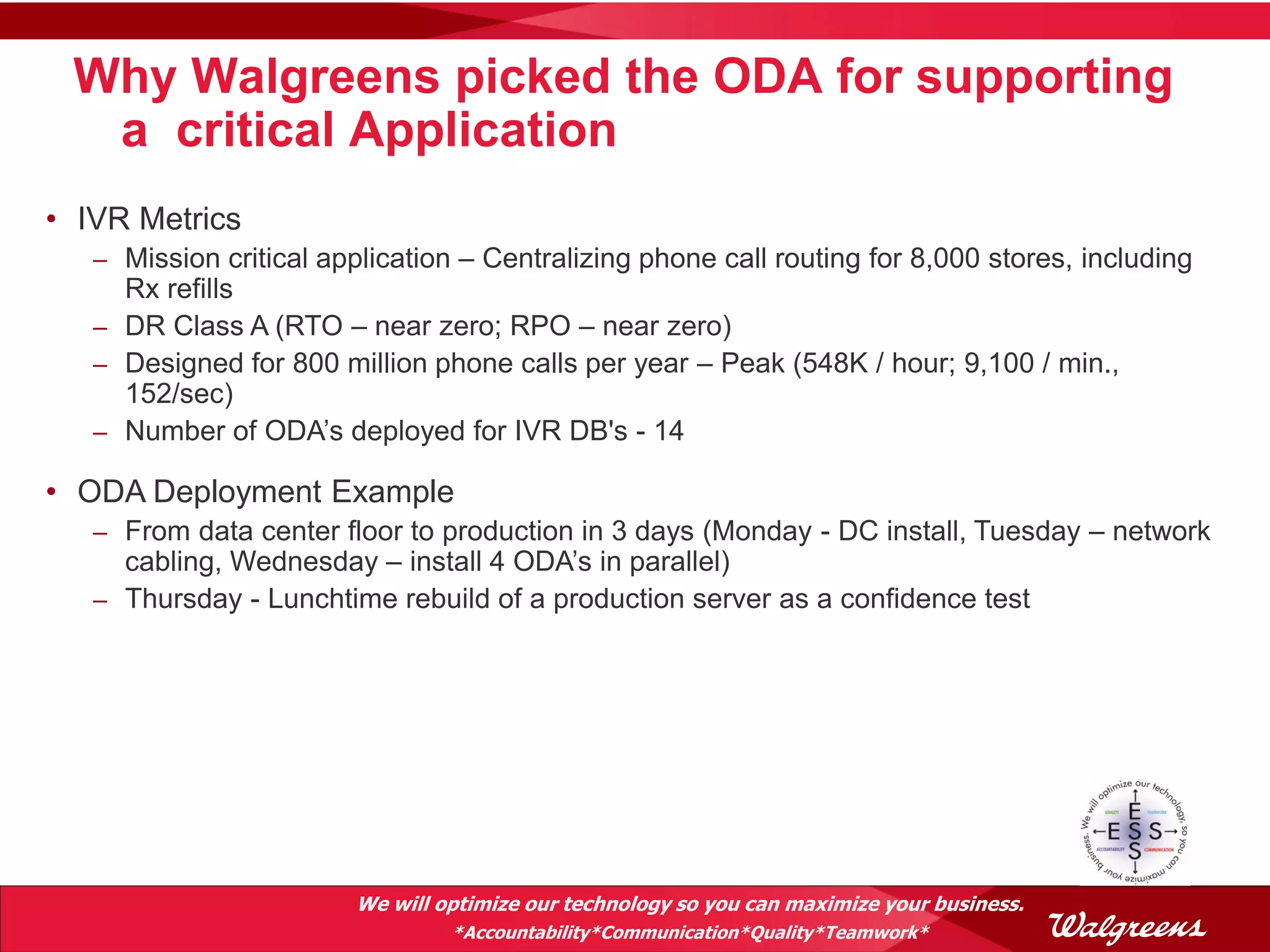 Why Walgreens picked the ODA for supporting
  a critical Application
• IVR Metrics
   – Mission critical application – Centralizing phone call routing for 8,000 stores, including
     Rx refills
   – DR Class A (RTO – near zero; RPO – near zero)
   – Designed for 800 million phone calls per year – Peak (548K / hour; 9,100 / min.,
     152/sec)
   – Number of ODA’s deployed for IVR DB's - 14

• ODA Deployment Example
   – From data center floor to production in 3 days (Monday - DC install, Tuesday – network
     cabling, Wednesday – install 4 ODA’s in parallel)
   – Thursday - Lunchtime rebuild of a production server as a confidence test




                        We will optimize our technology so you can maximize your business.
                                 *Accountability*Communication*Quality*Teamwork*
 