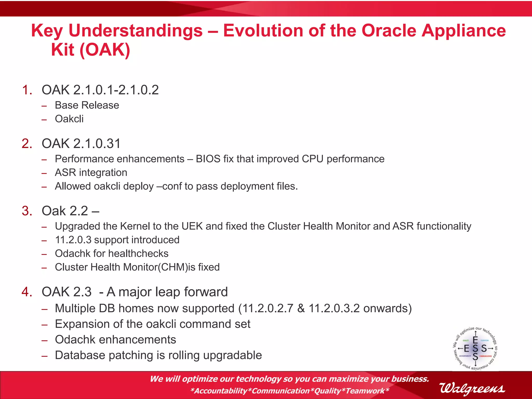 Key Understandings – Evolution of the Oracle Appliance
   Kit (OAK)

1. OAK 2.1.0.1-2.1.0.2
   – Base Release
   – Oakcli

2. OAK 2.1.0.31
   – Performance enhancements – BIOS fix that improved CPU performance
   – ASR integration
   – Allowed oakcli deploy –conf to pass deployment files.

3. Oak 2.2 –
   –   Upgraded the Kernel to the UEK and fixed the Cluster Health Monitor and ASR functionality
   –   11.2.0.3 support introduced
   –   Odachk for healthchecks
   –   Cluster Health Monitor(CHM)is fixed

4. OAK 2.3 - A major leap forward
   –   Multiple DB homes now supported (11.2.0.2.7 & 11.2.0.3.2 onwards)
   –   Expansion of the oakcli command set
   –   Odachk enhancements
   –   Database patching is rolling upgradable
                           We will optimize our technology so you can maximize your business.
                                    *Accountability*Communication*Quality*Teamwork*
 