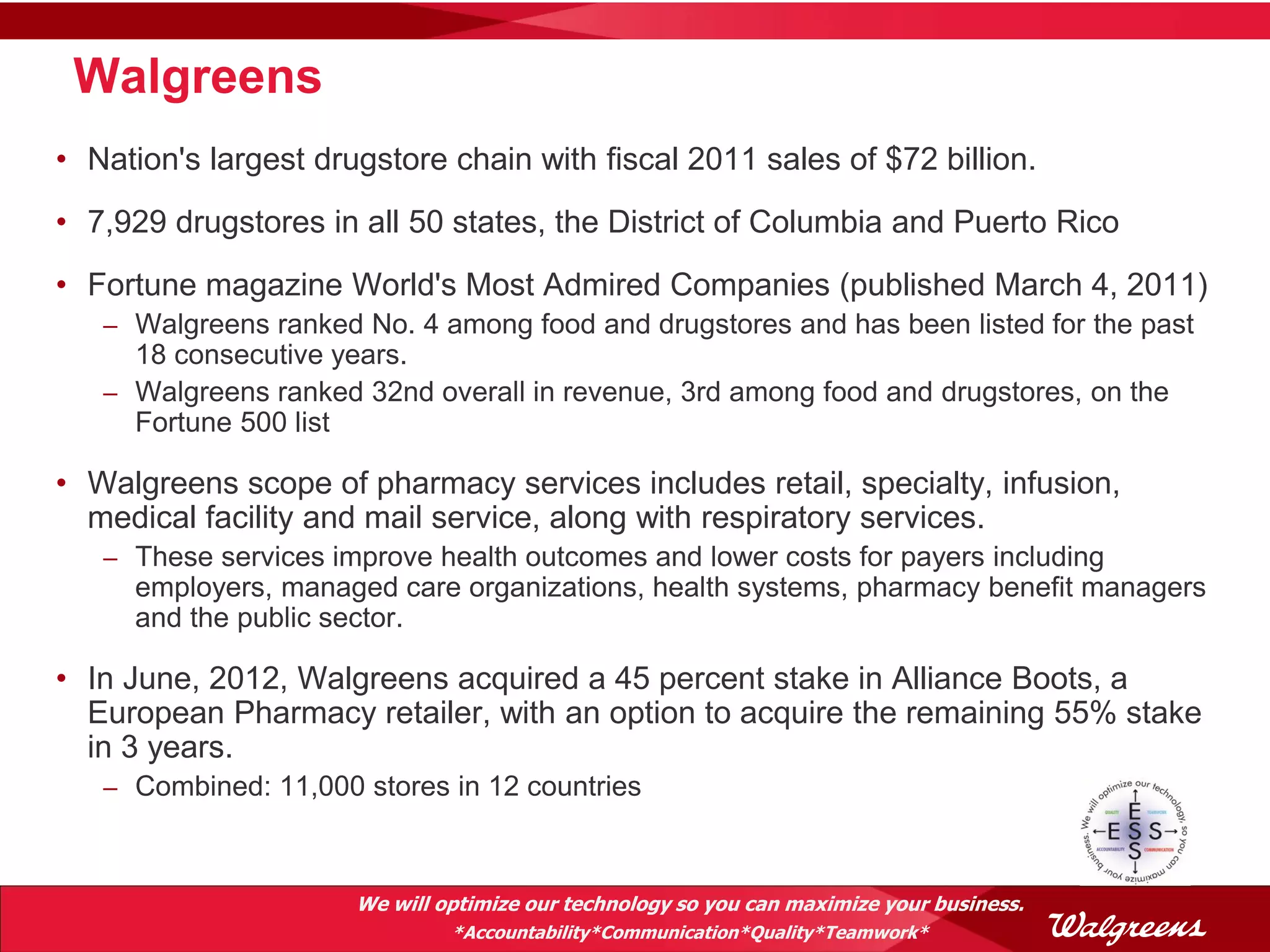Walgreens
• Nation's largest drugstore chain with fiscal 2011 sales of $72 billion.
• 7,929 drugstores in all 50 states, the District of Columbia and Puerto Rico
• Fortune magazine World's Most Admired Companies (published March 4, 2011)
   – Walgreens ranked No. 4 among food and drugstores and has been listed for the past
     18 consecutive years.
   – Walgreens ranked 32nd overall in revenue, 3rd among food and drugstores, on the
     Fortune 500 list

• Walgreens scope of pharmacy services includes retail, specialty, infusion,
  medical facility and mail service, along with respiratory services.
   – These services improve health outcomes and lower costs for payers including
     employers, managed care organizations, health systems, pharmacy benefit managers
     and the public sector.

• In June, 2012, Walgreens acquired a 45 percent stake in Alliance Boots, a
  European Pharmacy retailer, with an option to acquire the remaining 55% stake
  in 3 years.
   – Combined: 11,000 stores in 12 countries



                      We will optimize our technology so you can maximize your business.
                               *Accountability*Communication*Quality*Teamwork*
 