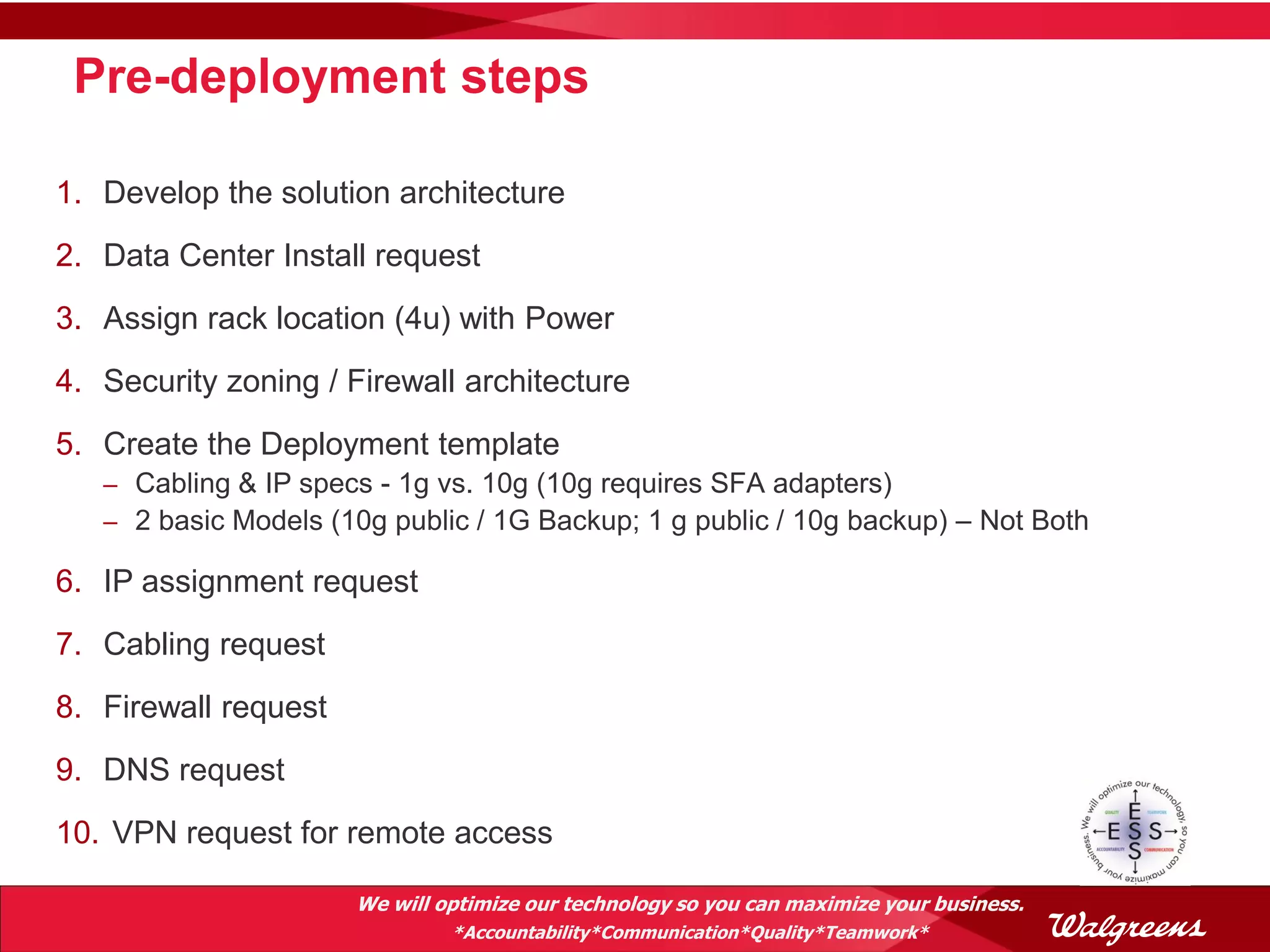 Pre-deployment steps

1. Develop the solution architecture
2. Data Center Install request
3. Assign rack location (4u) with Power
4. Security zoning / Firewall architecture
5. Create the Deployment template
   – Cabling & IP specs - 1g vs. 10g (10g requires SFA adapters)
   – 2 basic Models (10g public / 1G Backup; 1 g public / 10g backup) – Not Both

6. IP assignment request
7. Cabling request
8. Firewall request
9. DNS request
10. VPN request for remote access

                      We will optimize our technology so you can maximize your business.
                               *Accountability*Communication*Quality*Teamwork*
 