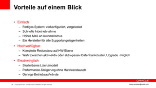 Vorteile auf einem Blick

     • Einfach
           –      Fertiges System: vorkonfiguriert, vorgetestet
           –      Schnelle Inbetriebnahme
           –      Hohes Maß an Automatismus
           –      Ein Hersteller für alle Supportangelegenheiten
     • Hochverfügbar
           – Komplette Redundanz auf HW-Ebene
           – Wahl zwischen aktiv-aktiv oder aktiv-passiv Datenbankcluster, Upgrade möglich
     • Erschwinglich
           – Skalierbares Lizenzmodell
           – Performance-Steigerung ohne Hardwaretausch
           – Geringe Betriebsaufwände


25   Copyright © 2012, Oracle and/or its affiliates. All rights reserved.                ileana.somesan@oracle.com
 