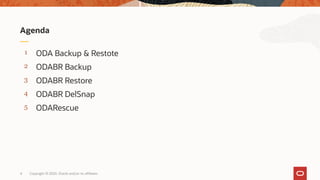 Copyright © 2020, Oracle and/or its affiliates4
5
4
3
2
1
ODARescue
ODABR DelSnap
ODABR Restore
ODABR Backup
ODA Backup & Restote
Agenda
 