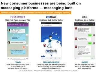 New consumer businesses are being built on
messaging platforms — messaging bots
Dmitry Matskevich: telegram.me/dmatskevich facebook.com/dmitry.matskevich
 