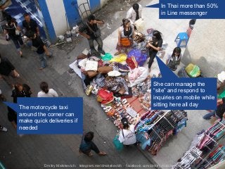In Thai more than 50%
in Line messenger
She can manage the
“site” and respond to
inquiries on mobile while
sitting here all day
The motorcycle taxi
around the corner can
make quick deliveries if
needed
Dmitry Matskevich: telegram.me/dmatskevich facebook.com/dmitry.matskevich
 