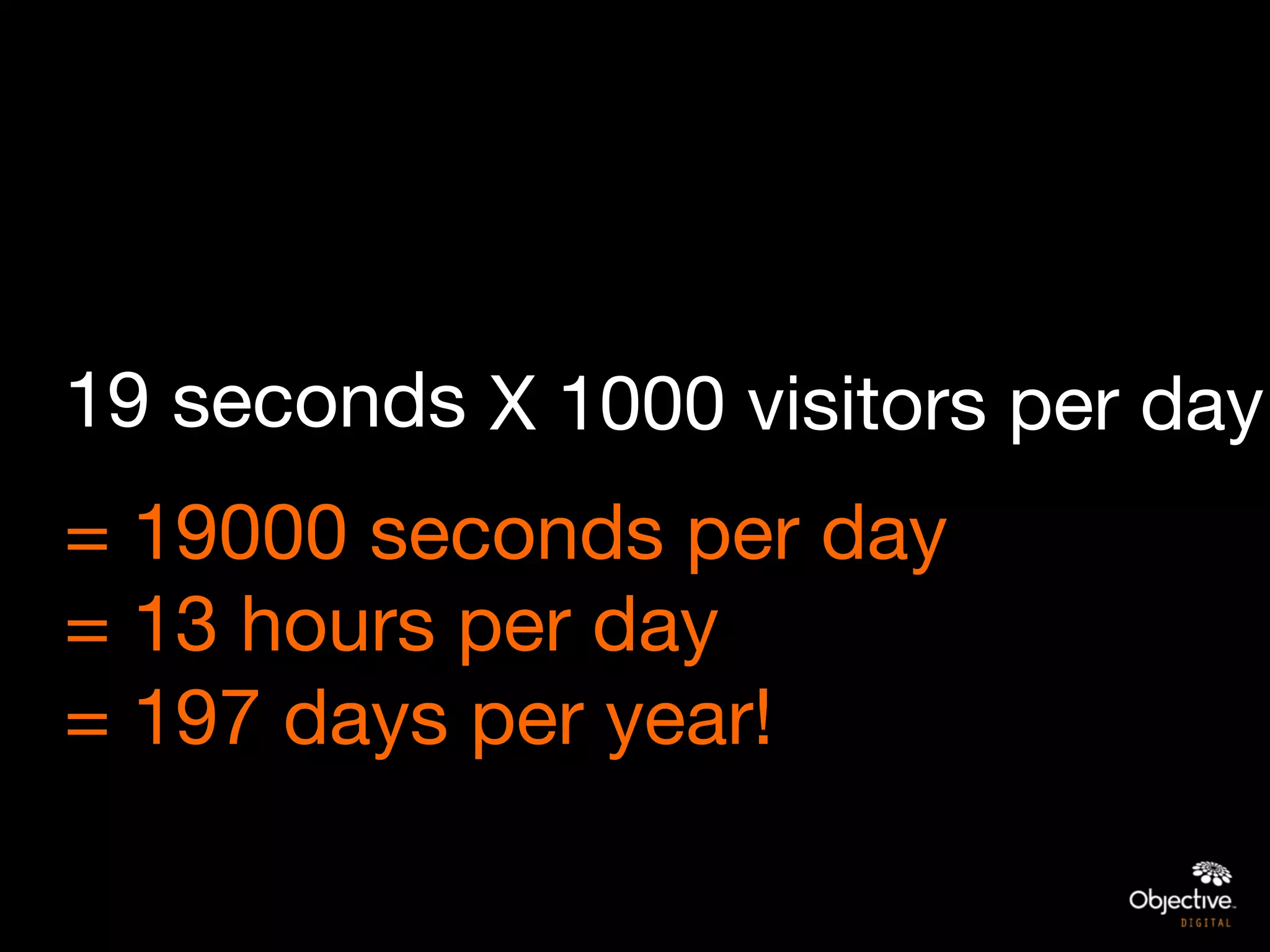 19 seconds
X 1000 visitors per day
= 19000 seconds per day
= 13 hours per day
= 197 days per year!
 