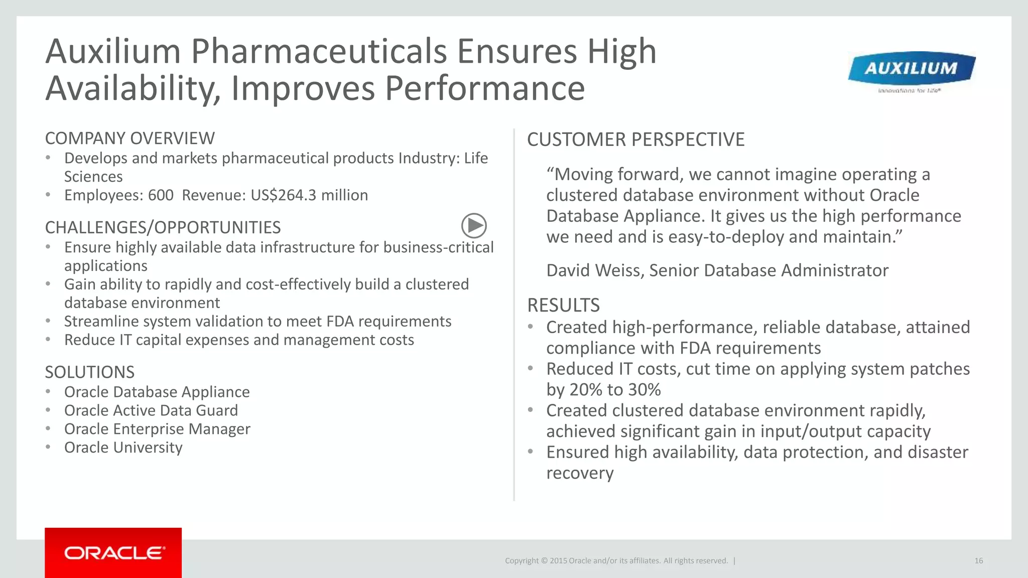 Copyright © 2015 Oracle and/or its affiliates. All rights reserved. |
Auxilium Pharmaceuticals Ensures High
Availability, Improves Performance
COMPANY OVERVIEW
• Develops and markets pharmaceutical products Industry: Life
Sciences
• Employees: 600 Revenue: US$264.3 million
CHALLENGES/OPPORTUNITIES
• Ensure highly available data infrastructure for business-critical
applications
• Gain ability to rapidly and cost-effectively build a clustered
database environment
• Streamline system validation to meet FDA requirements
• Reduce IT capital expenses and management costs
SOLUTIONS
• Oracle Database Appliance
• Oracle Active Data Guard
• Oracle Enterprise Manager
• Oracle University
CUSTOMER PERSPECTIVE
“Moving forward, we cannot imagine operating a
clustered database environment without Oracle
Database Appliance. It gives us the high performance
we need and is easy-to-deploy and maintain.”
David Weiss, Senior Database Administrator
RESULTS
• Created high-performance, reliable database, attained
compliance with FDA requirements
• Reduced IT costs, cut time on applying system patches
by 20% to 30%
• Created clustered database environment rapidly,
achieved significant gain in input/output capacity
• Ensured high availability, data protection, and disaster
recovery
16
 