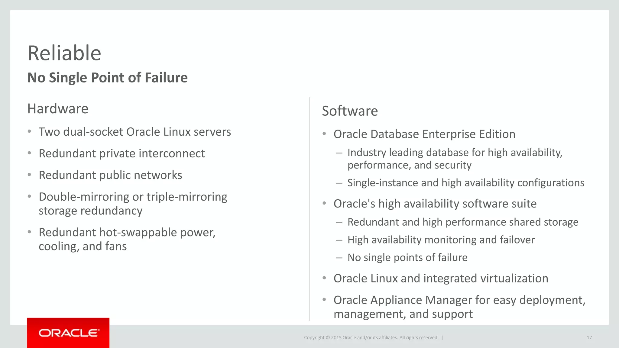Copyright © 2015 Oracle and/or its affiliates. All rights reserved. |
Reliable
No Single Point of Failure
17
Hardware
• Two dual-socket Oracle Linux servers
• Redundant private interconnect
• Redundant public networks
• Double-mirroring or triple-mirroring
storage redundancy
• Redundant hot-swappable power,
cooling, and fans
Software
• Oracle Database Enterprise Edition
– Industry leading database for high availability,
performance, and security
– Single-instance and high availability configurations
• Oracle's high availability software suite
– Redundant and high performance shared storage
– High availability monitoring and failover
– No single points of failure
• Oracle Linux and integrated virtualization
• Oracle Appliance Manager for easy deployment,
management, and support
 