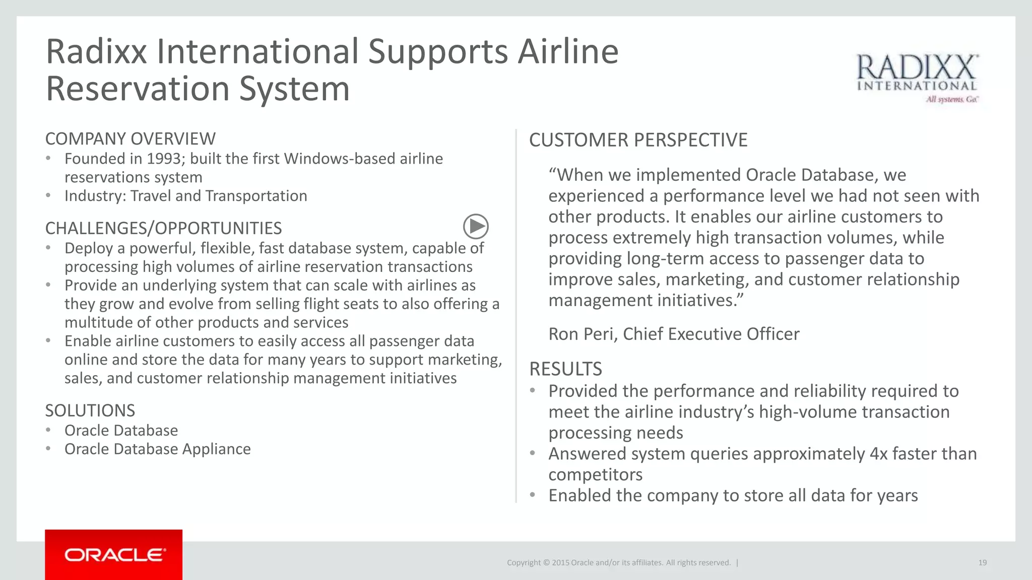 Copyright © 2015 Oracle and/or its affiliates. All rights reserved. |
Radixx International Supports Airline
Reservation System
COMPANY OVERVIEW
• Founded in 1993; built the first Windows-based airline
reservations system
• Industry: Travel and Transportation
CHALLENGES/OPPORTUNITIES
• Deploy a powerful, flexible, fast database system, capable of
processing high volumes of airline reservation transactions
• Provide an underlying system that can scale with airlines as
they grow and evolve from selling flight seats to also offering a
multitude of other products and services
• Enable airline customers to easily access all passenger data
online and store the data for many years to support marketing,
sales, and customer relationship management initiatives
SOLUTIONS
• Oracle Database
• Oracle Database Appliance
CUSTOMER PERSPECTIVE
“When we implemented Oracle Database, we
experienced a performance level we had not seen with
other products. It enables our airline customers to
process extremely high transaction volumes, while
providing long-term access to passenger data to
improve sales, marketing, and customer relationship
management initiatives.”
Ron Peri, Chief Executive Officer
RESULTS
• Provided the performance and reliability required to
meet the airline industry’s high-volume transaction
processing needs
• Answered system queries approximately 4x faster than
competitors
• Enabled the company to store all data for years
19
 