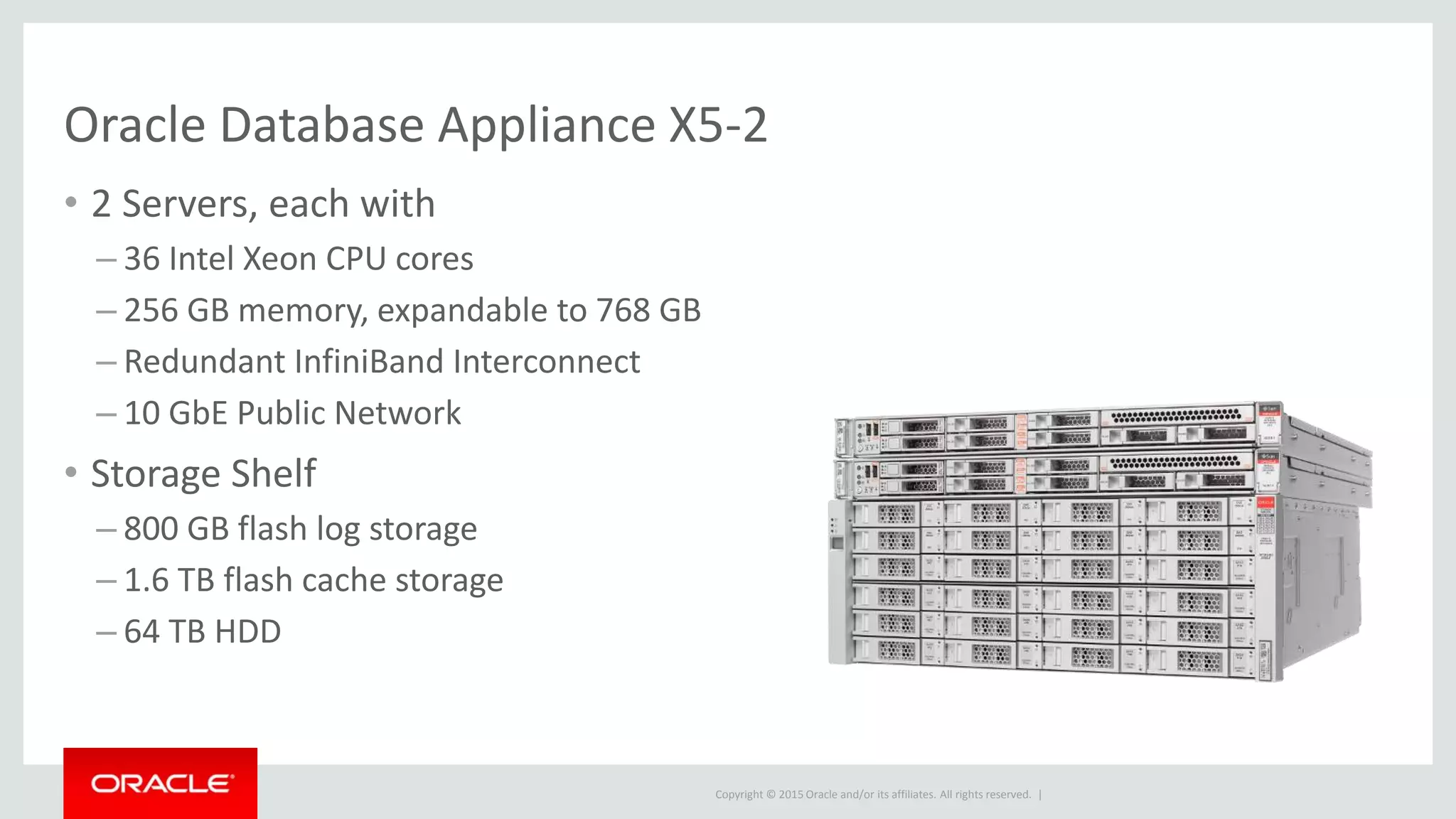 Copyright © 2015 Oracle and/or its affiliates. All rights reserved. |
Oracle Database Appliance X5-2
• 2 Servers, each with
– 36 Intel Xeon CPU cores
– 256 GB memory, expandable to 768 GB
– Redundant InfiniBand Interconnect
– 10 GbE Public Network
• Storage Shelf
– 800 GB flash log storage
– 1.6 TB flash cache storage
– 64 TB HDD
 
