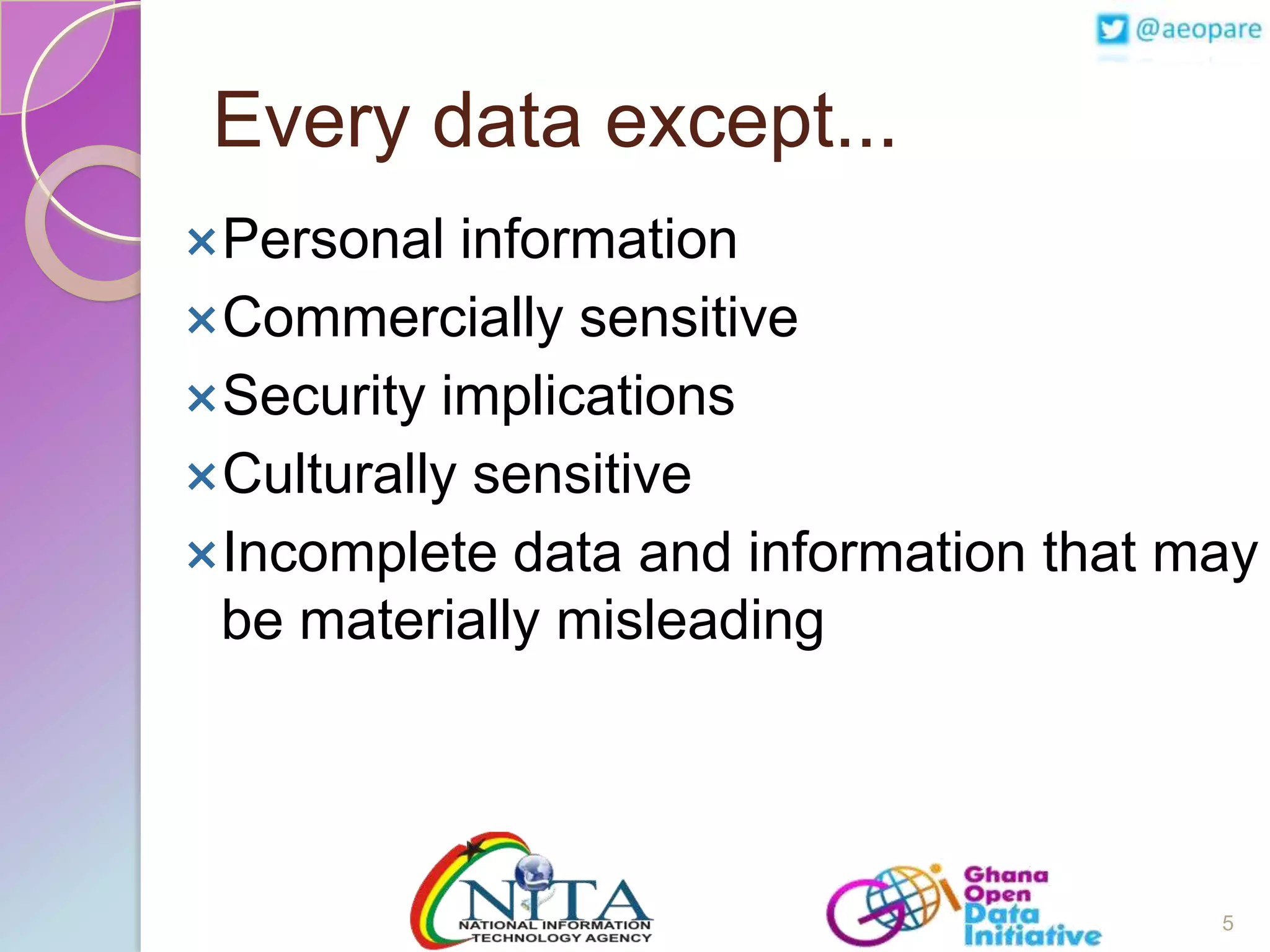 Every data except...
Personal

information
Commercially sensitive
Security implications
Culturally sensitive
Incomplete data and information that may
be materially misleading

5

 