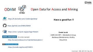 Daniel Jacob – INRA UMR 1332 –May 2016
Have a good fun !!
Daniel Jacob
UMR 1332 BFP – Metabolism Group
Bordeaux Metabolomics Facility
May 2016
Open Data for Access and Mining
https://hub.docker.com/r/odam/getdata/
http://www.bordeaux.inra.fr/pmb/dataexplorer/
https://github.com/INRA/ODAM
https://cran.r-project.org/package=Rodam
https://zenodo.org/record/154041
An online example
 