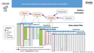 Daniel Jacob – INRA UMR 1332 –May 2016
plants.tsv harvests.tsv
samples.tsv
enzymes.tsv
Data subset files
compounds.tsv
Plants
Harvests
Samples
Compounds
Enzymes
Connections between the dataset files based on identifiers
Entities
(concepts)
Link between 2 subsets being carried out from identifiers
(implies a ‘obtainedFrom’ relation)
Identifier of the central entity of the subset
EDTMS
ODAM
factor
quantitative
qualitative
identifier
link
categories
6
 