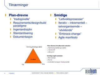 䰿ʳ۸ұ©
    Tilnærminger


    Plan-drevne                         Smidige
            ”tradisjonelle”               ”Lettvektsprosesser”
            Requirements/design/build     Iterativ – inkrementell –
            paradigme                     selvorganisernde –
            Ingeniørdisiplin              ”utviklende”
            Standardisering               ”Embrace change”
            Dokumentasjon                 Agile manifesto




4   17/04/2012
 