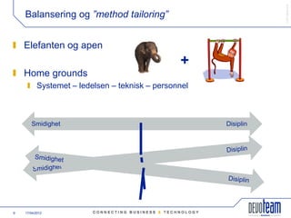 䰿ʳ۸ұ©
    Balansering og ”method tailoring”


    Elefanten og apen
                                                 +
    Home grounds
           Systemet – ledelsen – teknisk – personnel



       Smidighet                                       Disiplin




9   17/04/2012
 