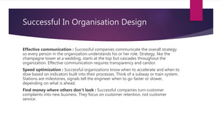Successful In Organisation Design
Effective communication : Successful companies communicate the overall strategy
so every person in the organization understands his or her role. Strategy, like the
champagne tower at a wedding, starts at the top but cascades throughout the
organization. Effective communication requires transparency and candor.
Speed optimization : Successful organizations know when to accelerate and when to
slow based on indicators built into their processes. Think of a subway or train system.
Stations are milestones, signals tell the engineer when to go faster or slower,
depending on what is ahead.
Find money where others don’t look : Successful companies turn customer
complaints into new business. They focus on customer retention, not customer
service.
 
