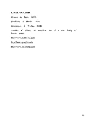 8. BIBLIOGRAPHY

(Vroom & Jago, 1988).

(Beckhard & Harris, 1987)

(Cummings     & Worley,      2001)

Alderfer, C. (1969) An empirical test of a new theory of
human needs.

http://www.zainbooks.com

http://books.google.co.in

http://www.cliffsnotes.com




                                                           35
 