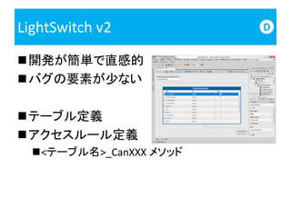 LightSwitch v2           D


開発が簡単で直感的
バグの要素が少ない

テーブル定義
アクセスルール定義
  <テーブル名>_CanXXX メソッド
 