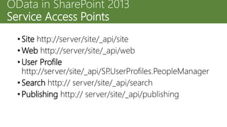 • Site http://server/site/_api/site
• Web http://server/site/_api/web
• User Profile
http://server/site/_api/SP.UserProfiles.PeopleManager
• Search http:// server/site/_api/search
• Publishing http:// server/site/_api/publishing
OData in SharePoint 2013
Service Access Points
 