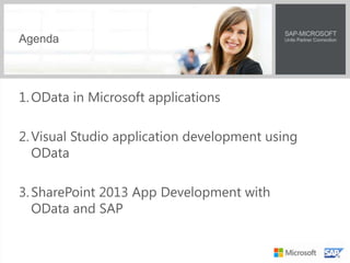 Agenda
1.OData in Microsoft applications
2.Visual Studio application development using
OData
3.SharePoint 2013 App Development with
OData and SAP
 