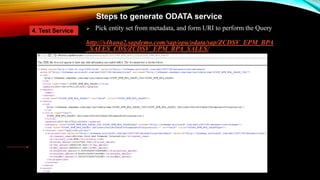 Steps to generate ODATA service
 Pick entity set from metadata, and form URI to perform the Query
http://s4hana2.sapdemo.com/sap/opu/odata/sap/ZCDSV_EPM_BPA
_SALES_CDS/ZCDSV_EPM_BPA_SALES/
4. Test Service
 