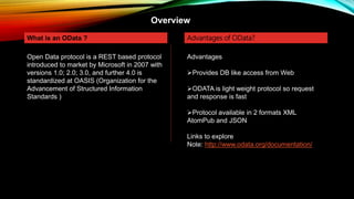 Overview
What is an OData ?
Open Data protocol is a REST based protocol
introduced to market by Microsoft in 2007 with
versions 1.0; 2.0; 3.0, and further 4.0 is
standardized at OASIS (Organization for the
Advancement of Structured Information
Standards )
Advantages of OData?
Advantages
Provides DB like access from Web
ODATA is light weight protocol so request
and response is fast
Protocol available in 2 formats XML
AtomPub and JSON
Links to explore
Note: http://www.odata.org/documentation/
 