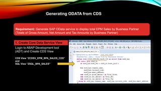 Generating ODATA from CDS
Requirement: Generate SAP OData service to display total EPM Sales by Business Partner
(Totals of Gross Amount, Net Amount and Tax Amounts by Business Partner)
1. Create Core Data Service View
Login to ABAP Development tool
(ADT) and Create CDS View
CDS View “ZCDSV_EPM_BPA_SALES_CDS”
and
SQL View “ZSQL_BPA_SALES”
 