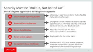 Copyright © 2016 and/or its affiliates. All rights reserved. |
Oracle’s layered approach to building secure systems
Security Must Be “Built In, Not Bolted On”
21
Timely System Updates
Secure Out of the Box
Advanced Security Features
Secure Oracle Operating Systems
Complete In-House HW Design
Motherboard, BIOS, and service processor
firmware designed 100 percent by Oracle
engineers with manufacturing oversight
Single patch file for entire stack
Required RPMs to run the stack,
Software Scans for vulnerabilities
Enterprise Edition database supports security
options such as advanced security, audit vault
database firewall, and database vault
Ultra secure operating systems that default to
highest levels of security
21
 