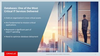Copyright © 2017, Oracle and/or its affiliates. All rights reserved. |Copyright © 2017, Oracle and/or its affiliates. All rights reserved. |
Databases: One of the Most
Critical IT Services Delivered
 Hold an organization’s most critical assets
 Are fundamental to mission-critical
applications
 Represent a significant part of
total IT spending
 Need to optimize database deloyment
3
 