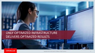 Copyright © 2017, Oracle and/or its affiliates. All rights reserved. |Copyright © 2017, Oracle and/or its affiliates. All rights reserved. |
ONLY OPTIMIZED INFRASTRUCTURE
DELIVERS OPTIMIZED RESULTS
9
 