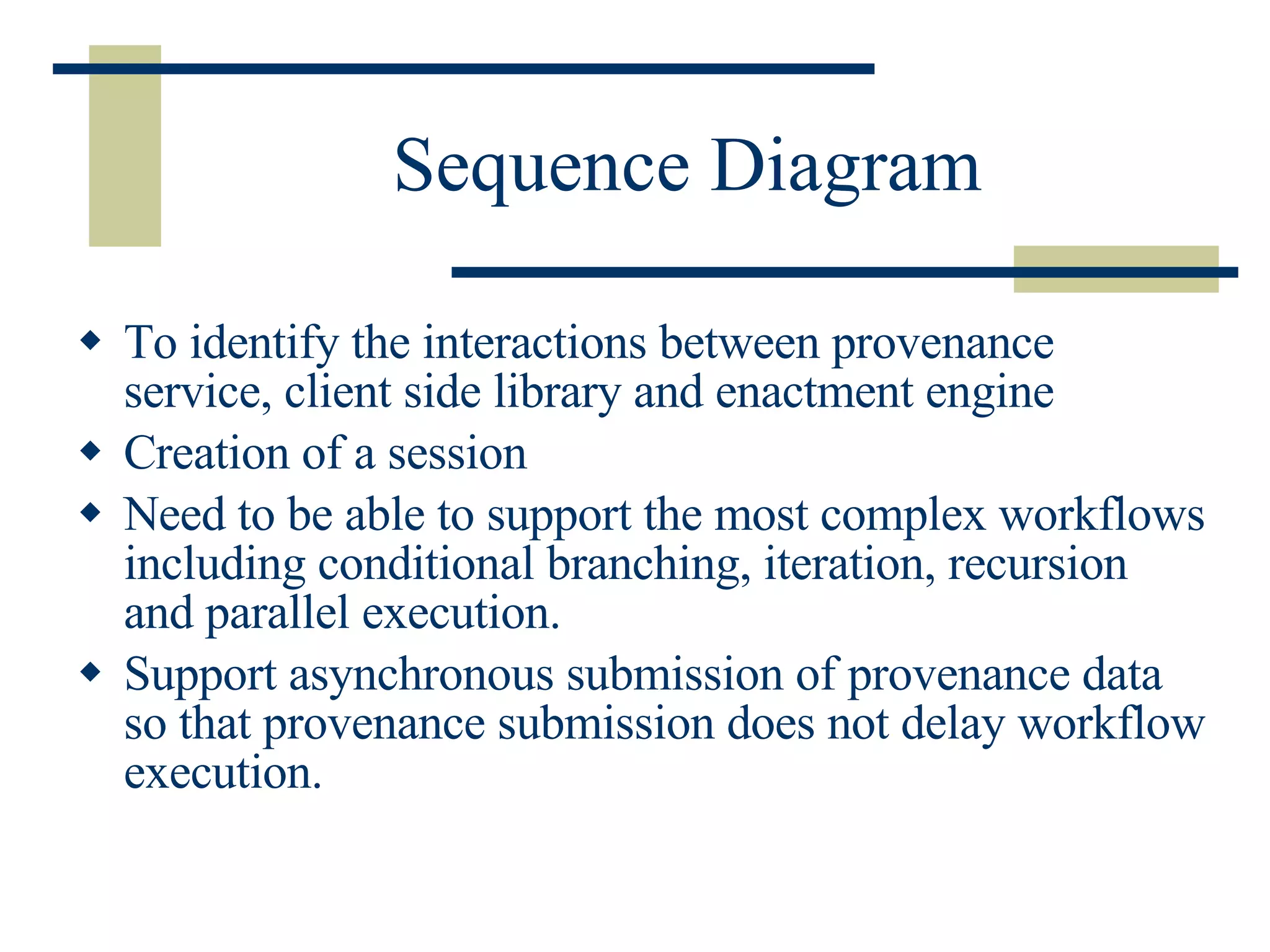 Sequence Diagram To identify the interactions between provenance service, client side library and enactment engine Creation of a session Need to be able to support the most complex workflows including conditional branching, iteration, recursion and parallel execution. Support asynchronous submission of provenance data so that provenance submission does not delay workflow execution. 
