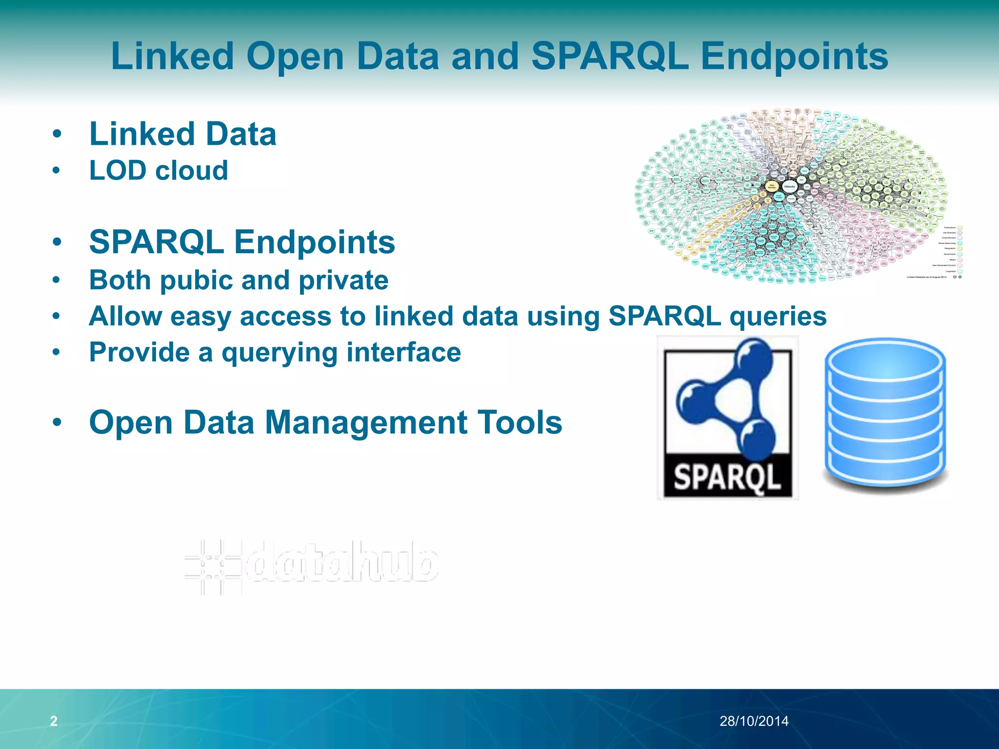 Linked Open Data and SPARQL Endpoints 
• Linked Data 
• LOD cloud 
• SPARQL Endpoints 
• Both pubic and private 
• Allow easy access to linked data using SPARQL queries 
• Provide a querying interface 
• Open Data Management Tools 
2 28/10/2014 
 