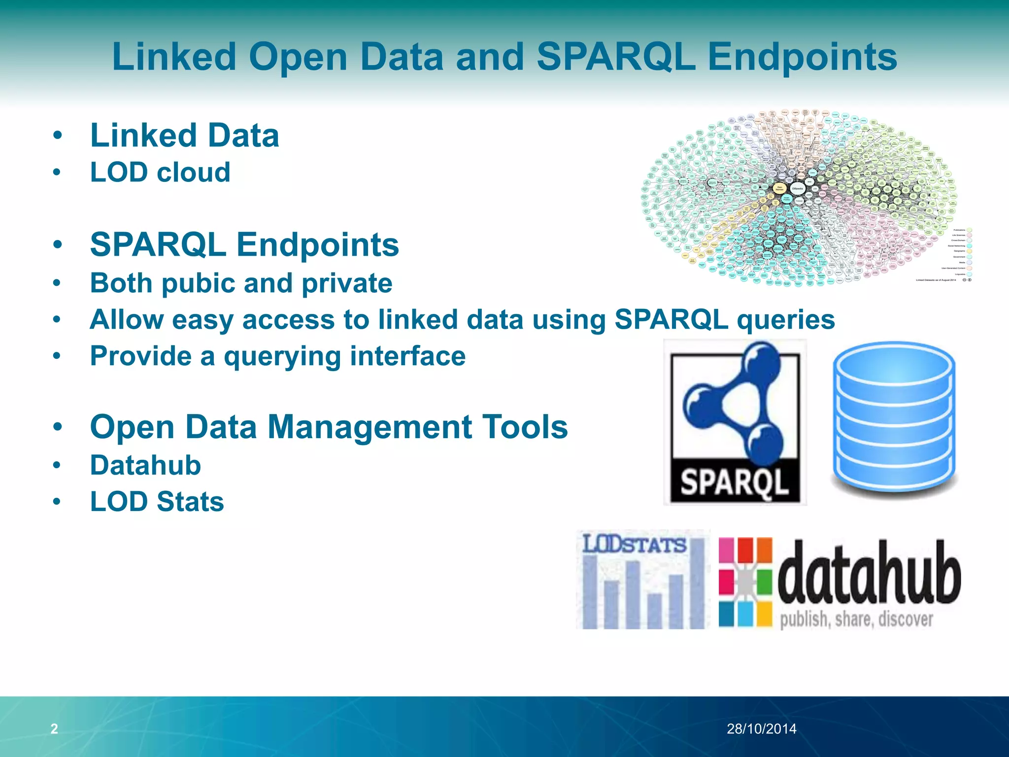 Linked Open Data and SPARQL Endpoints 
• Linked Data 
• LOD cloud 
• SPARQL Endpoints 
• Both pubic and private 
• Allow easy access to linked data using SPARQL queries 
• Provide a querying interface 
• Open Data Management Tools 
• Datahub 
• LOD Stats 
28/10/2014 
2 
 