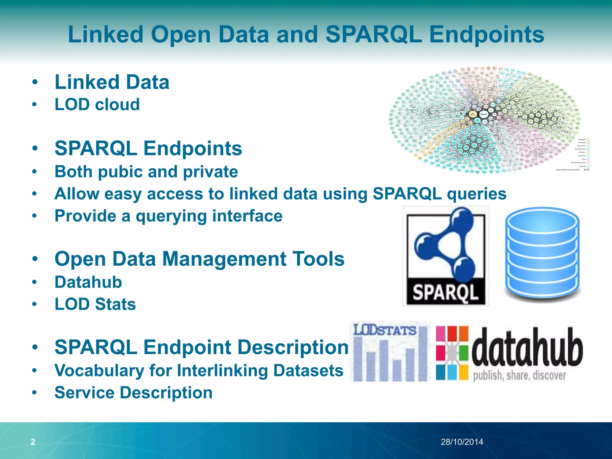 Linked Open Data and SPARQL Endpoints 
• Linked Data 
• LOD cloud 
• SPARQL Endpoints 
• Both pubic and private 
• Allow easy access to linked data using SPARQL queries 
• Provide a querying interface 
• Open Data Management Tools 
• Datahub 
• LOD Stats 
• SPARQL Endpoint Description 
• Vocabulary for Interlinking Datasets 
• Service Description 
28/10/2014 
2 
 