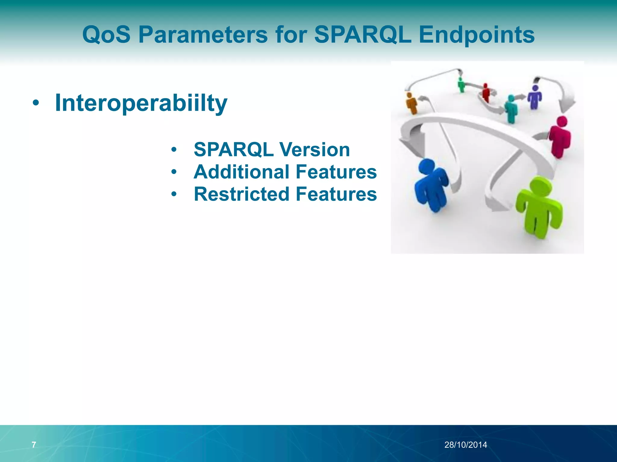 QoS Parameters for SPARQL Endpoints 
• Interoperabiilty 
• SPARQL Version 
• Additional Features 
• Restricted Features 
7 28/10/2014 
 