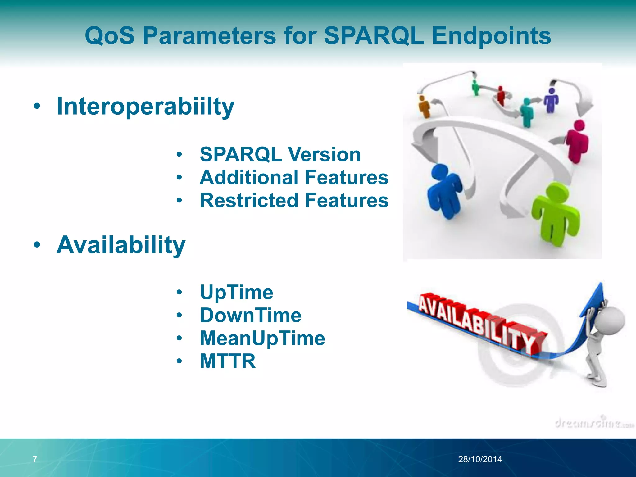 QoS Parameters for SPARQL Endpoints 
• Interoperabiilty 
• SPARQL Version 
• Additional Features 
• Restricted Features 
• Availability 
• UpTime 
• DownTime 
• MeanUpTime 
• MTTR 
7 28/10/2014 
 