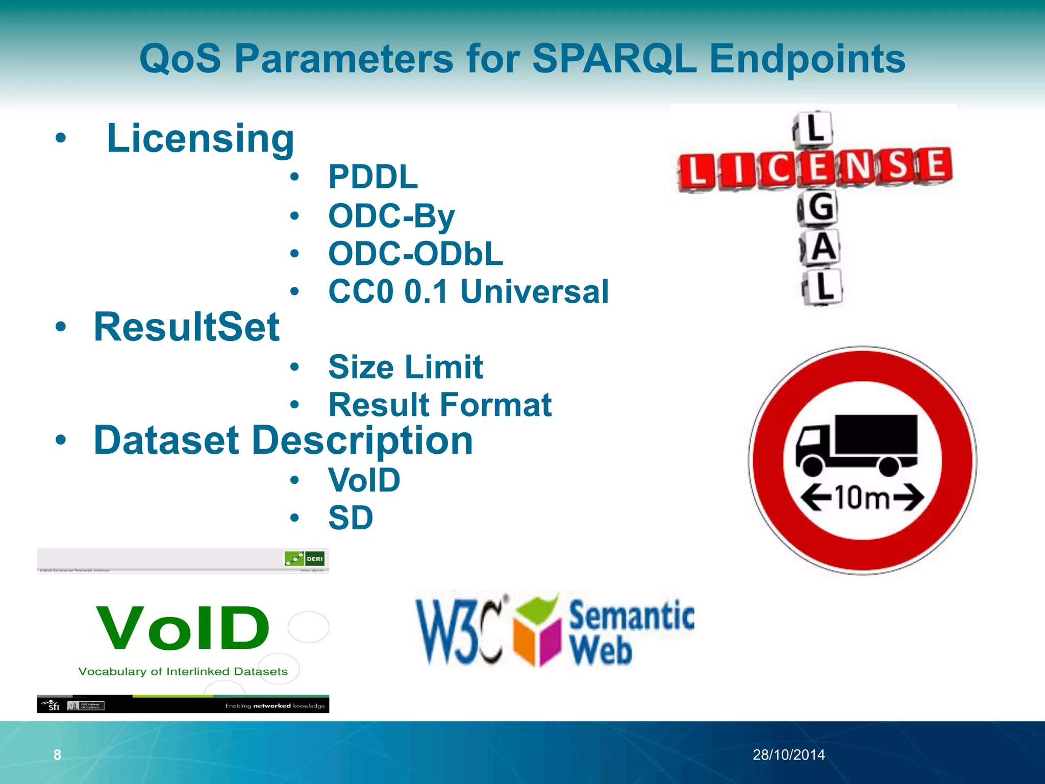 QoS Parameters for SPARQL Endpoints 
• Licensing 
• PDDL 
• ODC-By 
• ODC-ODbL 
• CC0 0.1 Universal 
• ResultSet 
• Size Limit 
• Result Format 
• Dataset Description 
• VoID 
• SD 
8 28/10/2014 
 