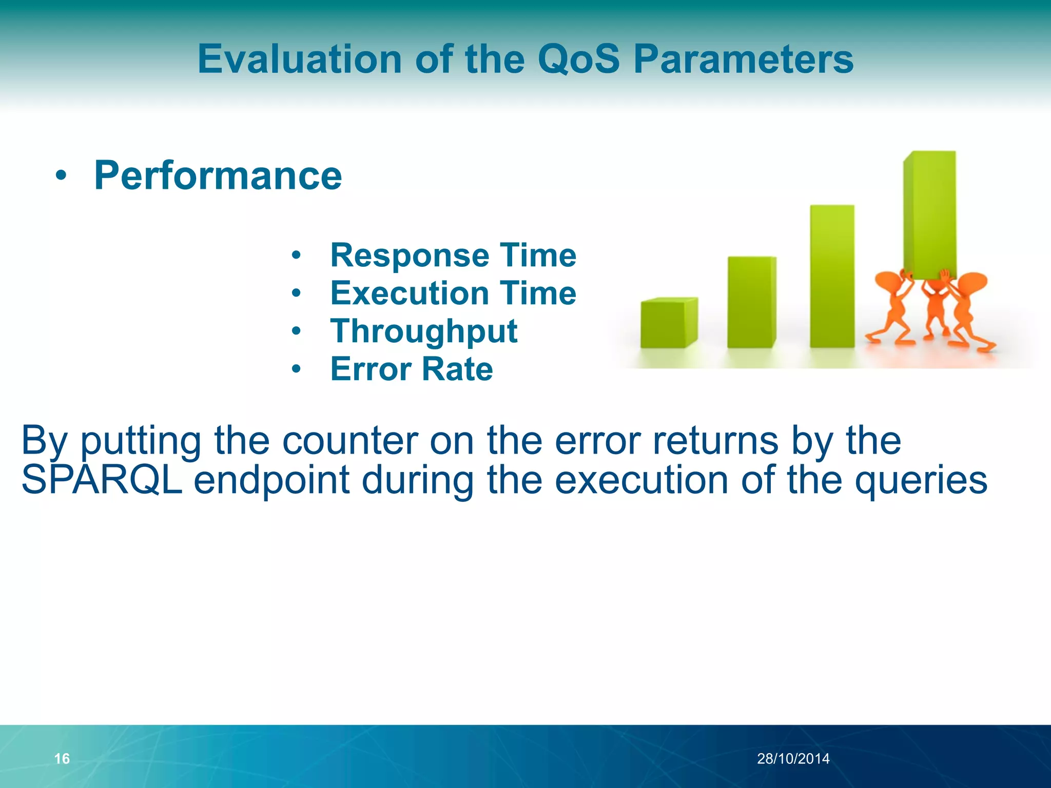 Evaluation of the QoS Parameters 
• Performance 
• Response Time 
• Execution Time 
• Throughput 
• Error Rate 
By putting the counter on the error returns by the 
SPARQL endpoint during the execution of the queries 
16 28/10/2014 
 