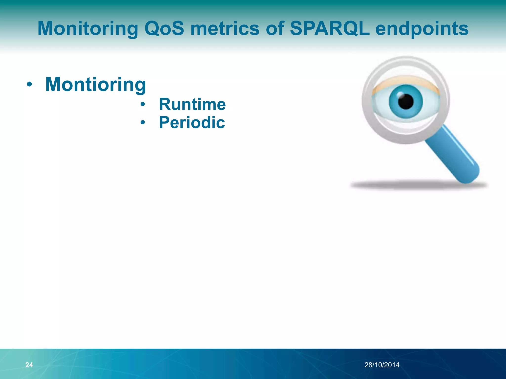 Monitoring QoS metrics of SPARQL endpoints 
• Montioring 
• Runtime 
• Periodic 
24 28/10/2014 
 